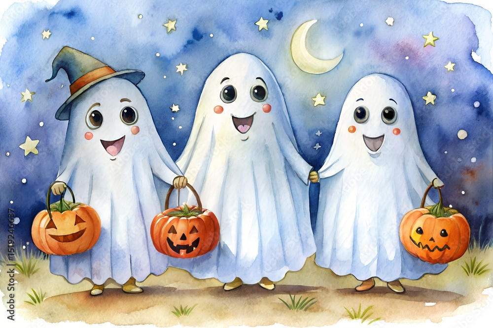 Obraz premium Friendly Ghosts Trick or Treating Watercolor