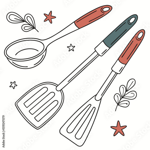 Seamless pattern featuring isolated kitchen utensils like spatulas, spoons, forks, knives, and other cooking equipment on a white background