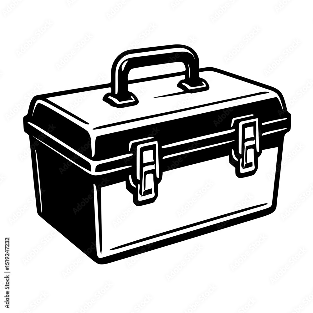 Sturdy black and white vector graphic of a closed toolbox. Ideal for themes of repair, construction, maintenance, DIY, craftsmanship, and industrial work. Sturdy black and white vector graphic of a closed toolbox. Ideal for themes of repair, construction, maintenance, DIY, craftsmanship, and industrial work.