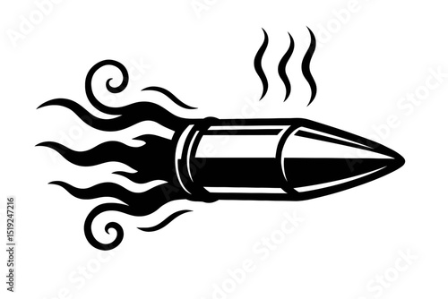 Dynamic black and white vector graphic of a speeding bullet with flames and smoke trails. Ideal for themes of speed, force, impact, danger, or rapid movement.