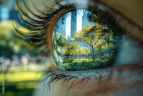 Extreme close-up of eyes, mirroring a vibrant city park, conveying liveliness