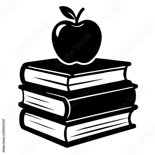 Classic black and white vector graphic of an apple resting on a stack of books, presented as a clear silhouette. Symbolizes education, learning, school, and knowledge.
