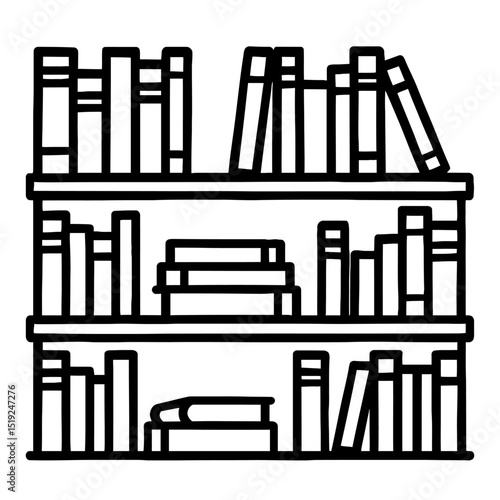 Classic black and white vector graphic of a bookshelf filled with books. Ideal for themes of education, knowledge, reading, libraries, and academic pursuits.
