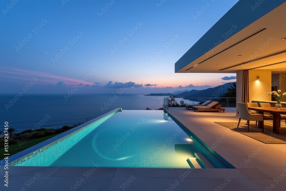 Fototapeta premium Modern villa with infinity pool overlooking serene ocean at sunset.