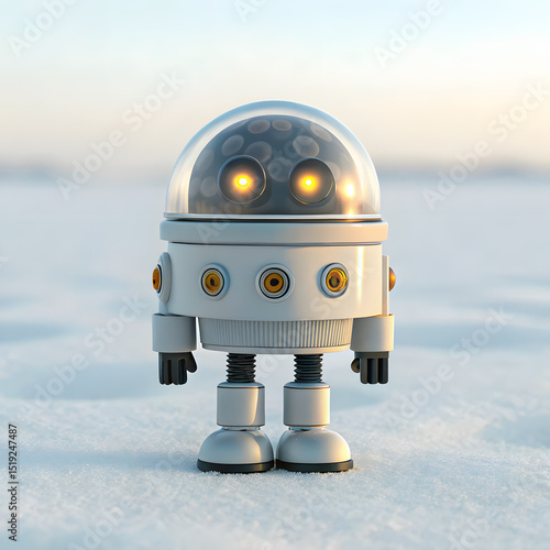 Cute White Robot Standing in Snowy Landscape Winter Scene