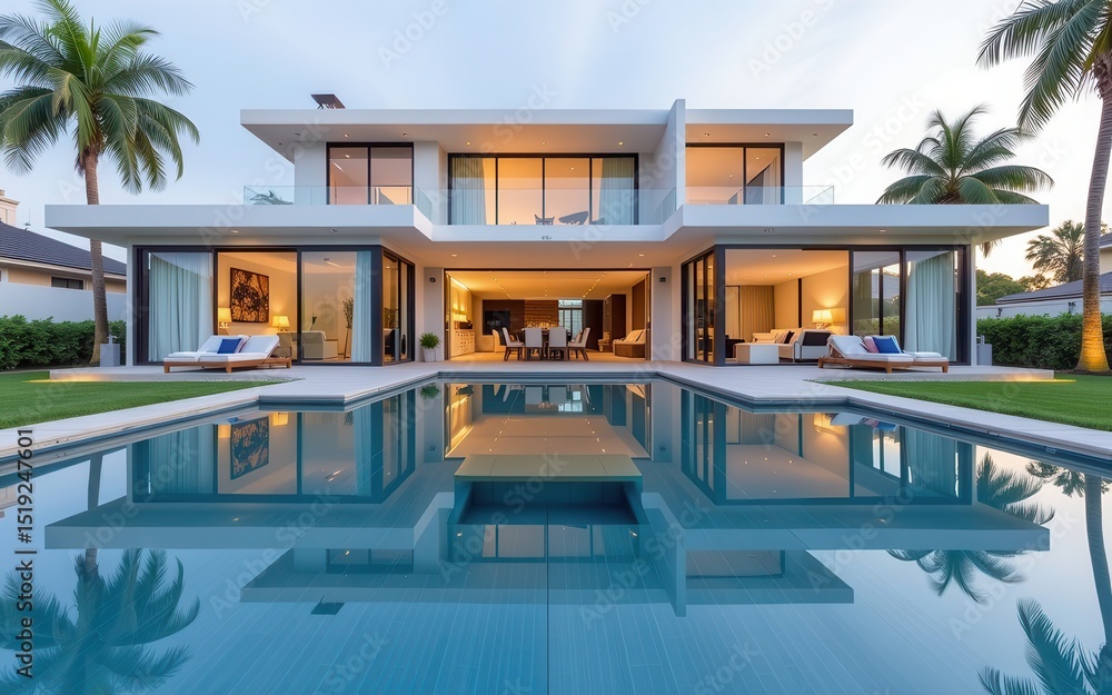 Fototapeta premium Modern villa with a pool and lush landscaping at sunset.