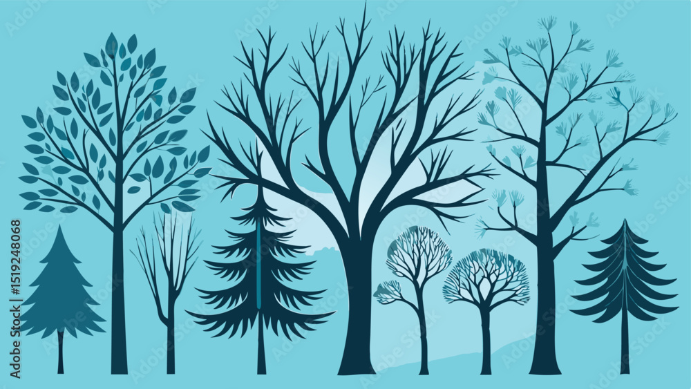 Obraz premium Stylized Blue Forest Illustration Featuring Various Tree Types and Bare Branches