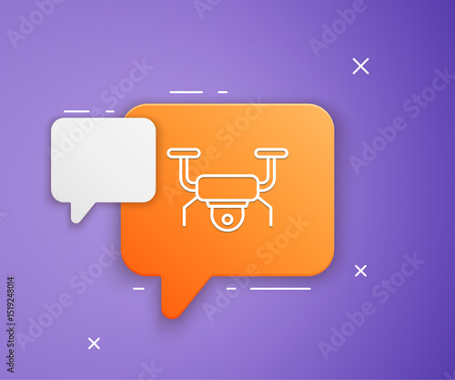 White Drone flying icon isolated on purple background. Quadrocopter with video and photo camera symbol. Orange speech bubble symbol. Vector