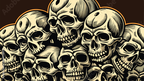 Pile of Skulls Illustration with Brown Background and Orange Outline Border