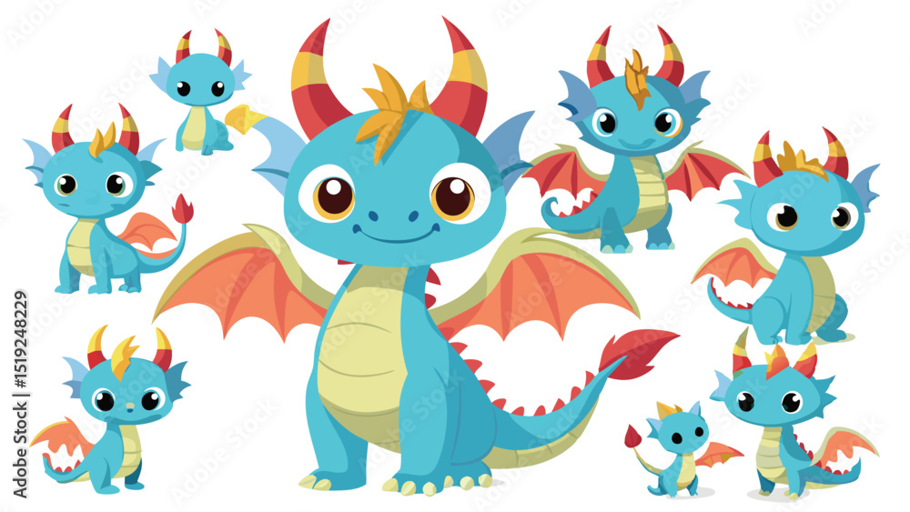 Collection of Cute Cartoon Dragons with Wings and Horns on a White Background Collection of Cute Cartoon Dragons with Wings and Horns on a White Background