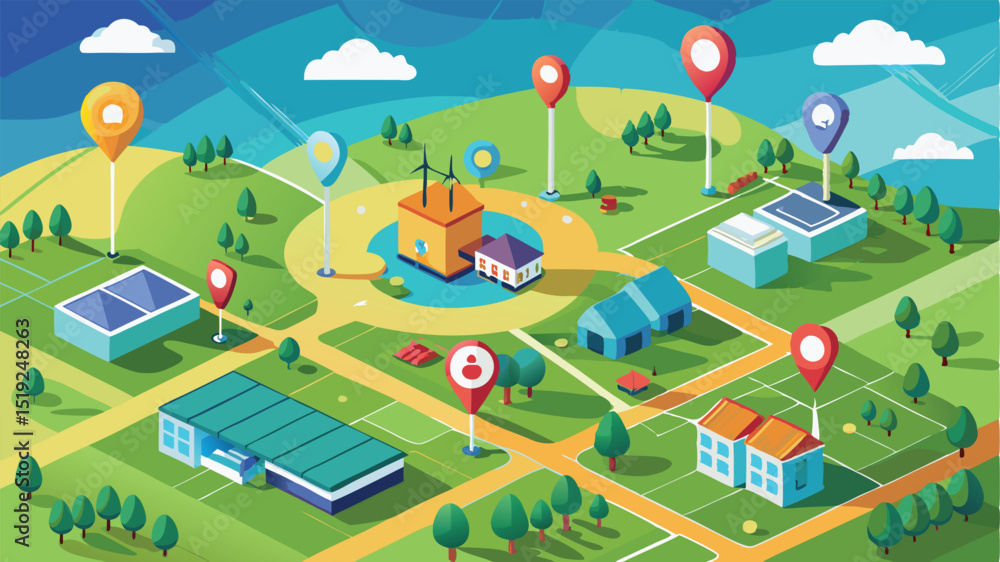 Fototapeta premium Isometric Map of a Sustainable City with Renewable Energy and Green Spaces
