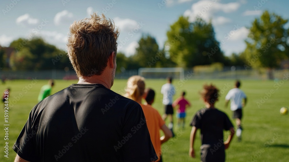 Naklejka premium This image shows a male soccer coach standing near children engaged in a game on a grassy field under clear skies.