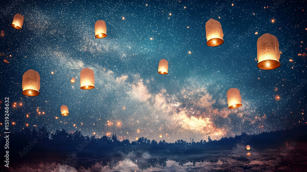 Fototapeta premium Glowing Lanterns Against Starry Night Sky