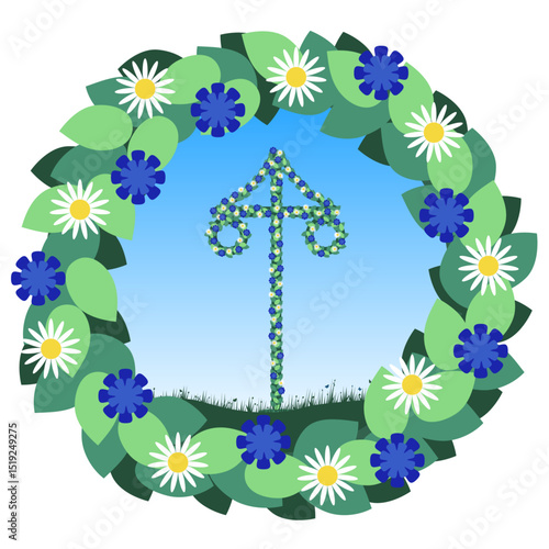 Swedish maypole with wild flowers. Scandinavian traditional midsummer. A wreath with flowers.