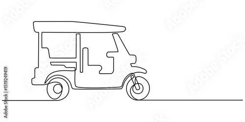 Tuk Tuk One Line Drawing. Simple vector sketch of a classic Bajaj vehicle, Continuous one line drawing of asian three-wheeled motor vehicle. Auto rikshaw outline illustration. Editable vector, Ricksha