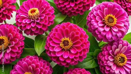 Vibrant Magenta Zinnias Close Up Photography, Yellow Center, Green Leaves, Floral Macro, Garden Flowers