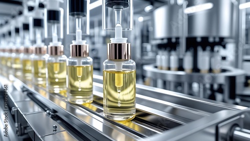 Automated Bottling Process Precision Filling Of Essential Oils Onto Conveyor Belt In Modern Factory Setting.High Quality Product Manufacturing