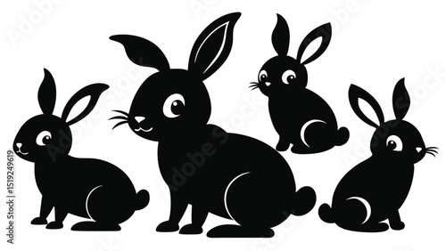 Silhouette of Four Cartoon Rabbits on a White Background Easter Theme