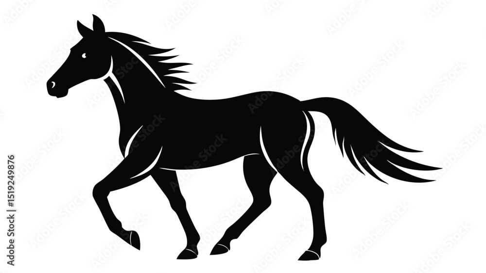 Obraz premium Elegant Black Horse Silhouette with Flowing Mane and Tail on White Background