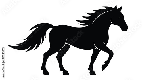 Elegant Black Horse Silhouette with Flowing Mane and Tail on White Background