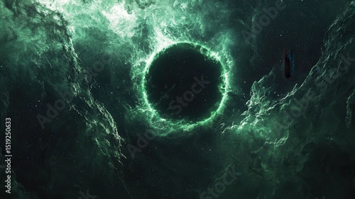 Abstract Deep Space Travel Scene with Green Nebula Portal and Spaceship space nebula portal green ai