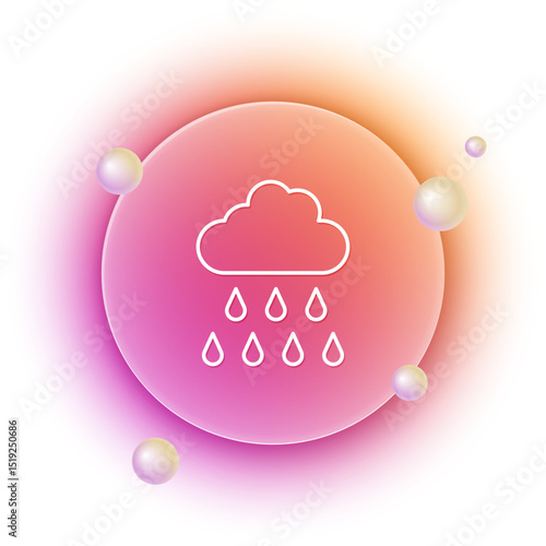 White Cloud with rain icon isolated on white background. Rain cloud precipitation with rain drops. Orange and pink gradient circle background. Vector