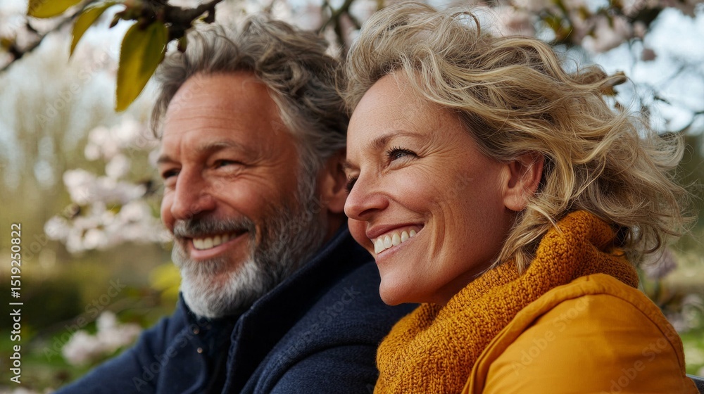 Two people smiling at camera, posing for a portrait near blooming tree. Two people smiling at camera, posing for a portrait near blooming tree.