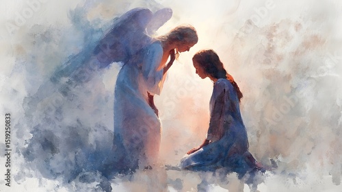 A celestial being reaches out with compassion and grace to uplift and inspire a woman seeking solace in a moment of vulnerability or uncertainty