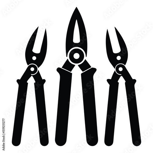 A vector set of isolated steel work tools including pliers, scissors, and a sharp blade knife with a red handle on a white background