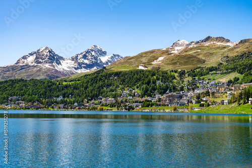 The village and lake of St. Moritz in spring. Engadine, Switzerland.