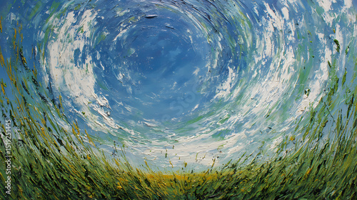 background for poetic narrative | obsessive motion | fragile hope | emerald and gold | asymmetric rhythm | wind-blown grass | circular sky motion | bold impasto | rural isolation | expressionist