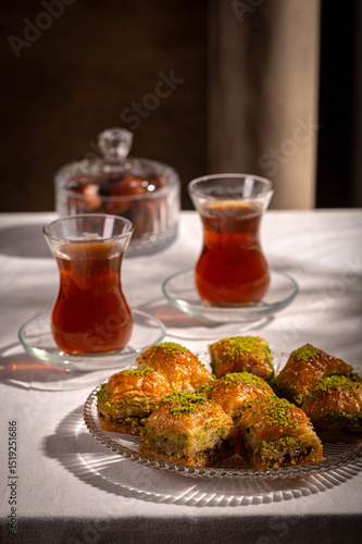 Traditional Turkish Tea with Dates and Oriental Sweets on Festive Table
