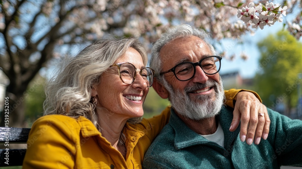 Fototapeta premium This image features an elderly couple sharing a moment of happiness together, enjoying the springtime with trees blooming and birds flying.