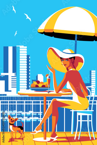 Summer resort landscape with girl at table with dog on terrace overlooking yacht marina and luxury hotels in background. Handmade drawing vector illustration. 