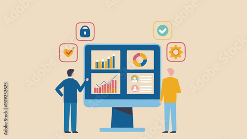 Two people looking at a computer screen displaying charts and graphs with icons around it nicely designed