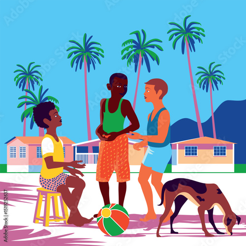 Three mischievous children with a dog discuss the rules of the game on a playground against the backdrop of traditional houses and tropical palm trees. Handmade drawing vector illustration.