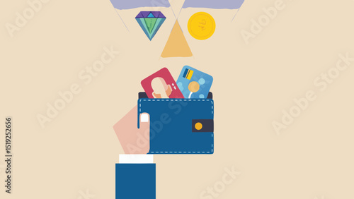 Hand holding wallet with credit cards below diamond coin and triangle shapes on a light background