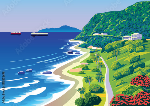 Tropical landscape with palm trees, beach, island and the sea in the background. Handmade drawing vector illustration. Can be used to make books, banners, posters, etc.