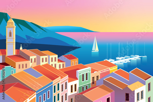 Mediterranean romantic summer season landscape. Handmade drawing vector illustration. Can be used for posters, banners, postcards, books etc.