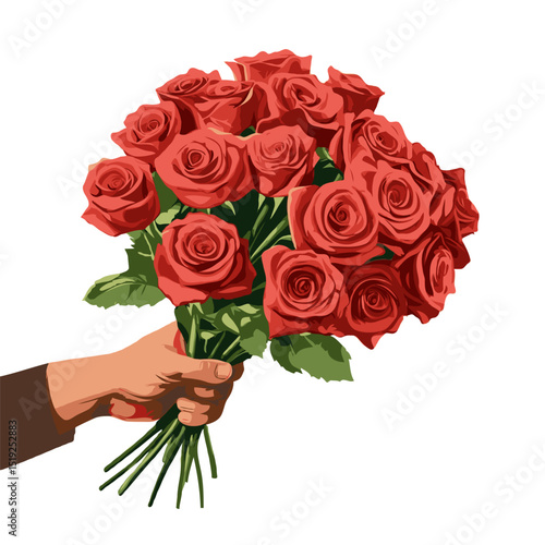 Bouquet of red roses held by a hand, digital painting graphic style, isolated on white background, concept of love and romantic gesture flower delivery