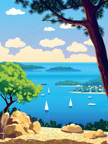 Mediterranean romantic landscape with snow-white yachts and a resort village on the hillsides on the seashore. Hand drawn vector illustration. Can be used for posters, banners, postcards, books, etc.