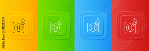 White Electric wiring of socket in fire icon isolated on colorful background. Electrical safety concept. Plug outlet on fire. Set icons in square buttons. Vector