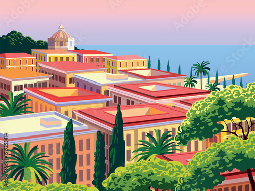 Mediterranean summer romantic landscape panorama with traditional classic Italian buildings in the first plan and embankment and sea in the background. Handmade drawing vector illustration. 