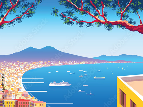Summer landscape handmade drawing vector panorama of a coastal italian city with classical buildings against the backdrop of branches of pines, ships on the sea and mountains descending to the water.