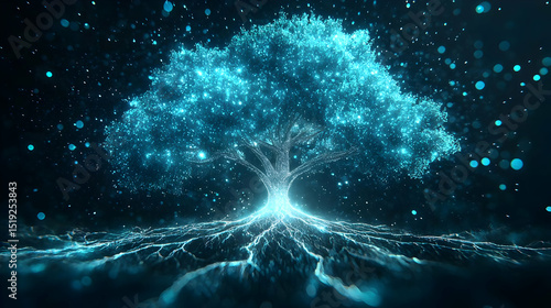 Glowing Digital Tree With Illuminated Roots