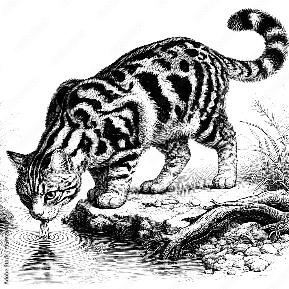 A marbled cat drinking from a stream, line sketch engraving A marbled cat drinking from a stream, line sketch engraving