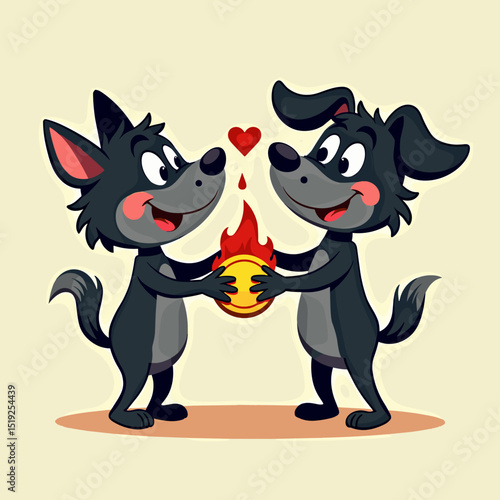 Two cartoon dogs holding a ball with a heart in a playful scene  