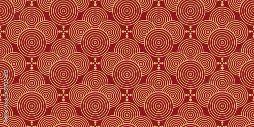 Happy Chinese new year pattern seamless vector. Wallpaper with gold chinese coin pattern on red background. Modern luxury oriental illustration for cover, banner, website, decor.