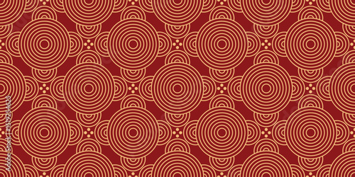 Happy Chinese new year pattern seamless vector. Wallpaper with gold chinese coin pattern on red background. Modern luxury oriental illustration for cover, banner, website, decor.