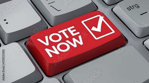 Close up of a keyboard with a red vote now key with a check mark in a box on the computer keyboard